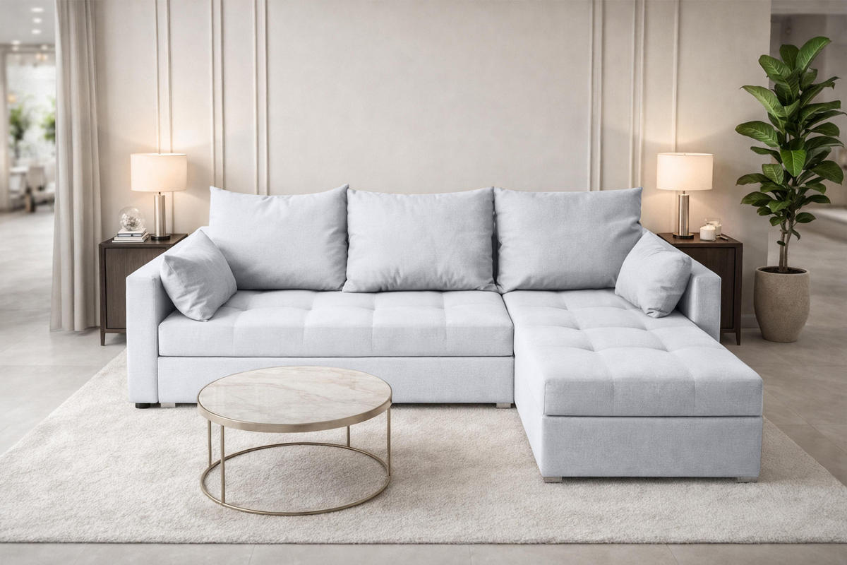 ECKSOFA Universelle L Form Elif Hellgrau 220/140/85 cm stilvolle mit Schlaffunktion - Silberfarben/Hellgrau, Kunststoff/Textil (220/140cm) - AX Living