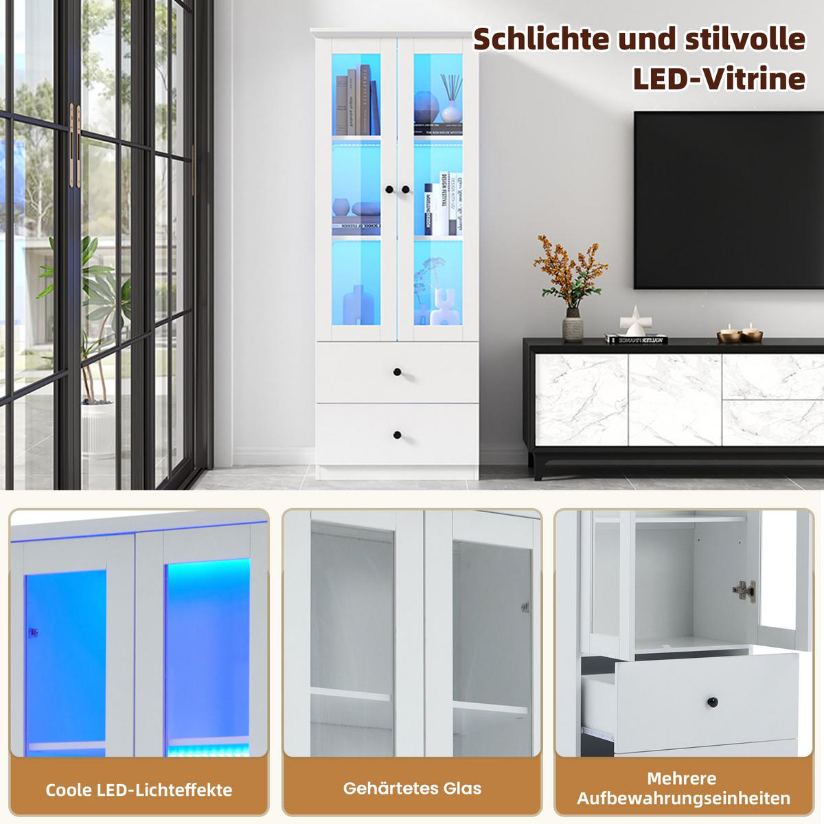 LED-VITRINE mit 2 Schubladen in weiß - Weiß, Holz (36/165/60cm) - KOMHTOM