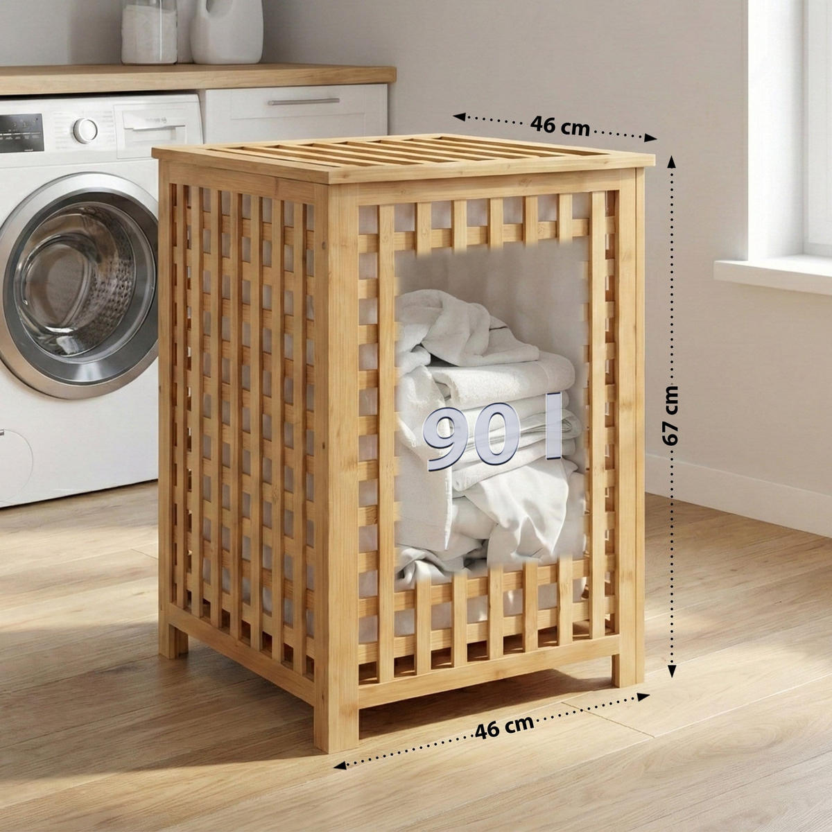 WÄSCHEBOX Hof 1 großes Fach 90 Liter 46x46x67cm Holz Natura Wäschesammler - Naturfarben, Holz (46/67/46cm) - DELUKE