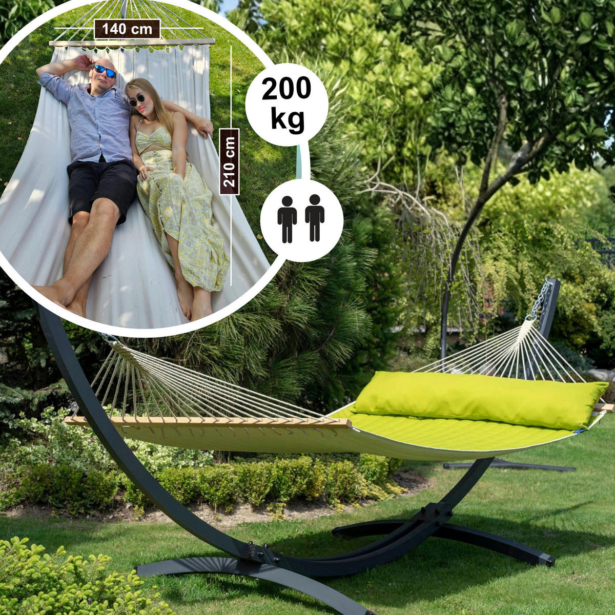 HÄNGEMATTE mit Gestell, 2 Personen, Stabhängematte, XXL, 200 kg, Metall,Grün, einfache Montage - Grün, Metall (370/130/120cm) - Potenza