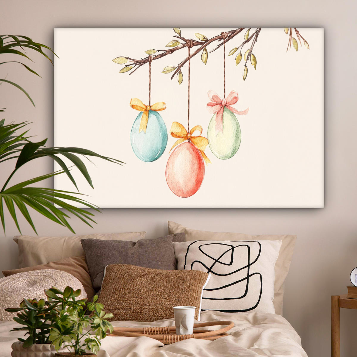 LEINWANDBILD Osterkuchen - Schleife - Eier XXL 150x100 cm - Creme, Textil (150/100cm) - MuchoWow