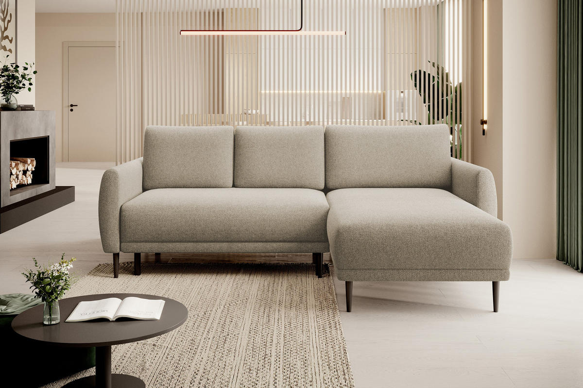 ECKSOFA Bono – Stilvolles Sofa mit Schlaffunktion, Robuste Holzfüße, Elegante Armlehnen, Tiefe Sitzfläche 226x164x88 cm – Rechte, Sand - Sandfarben, Holz/Textil (226/164cm) - DomoHome