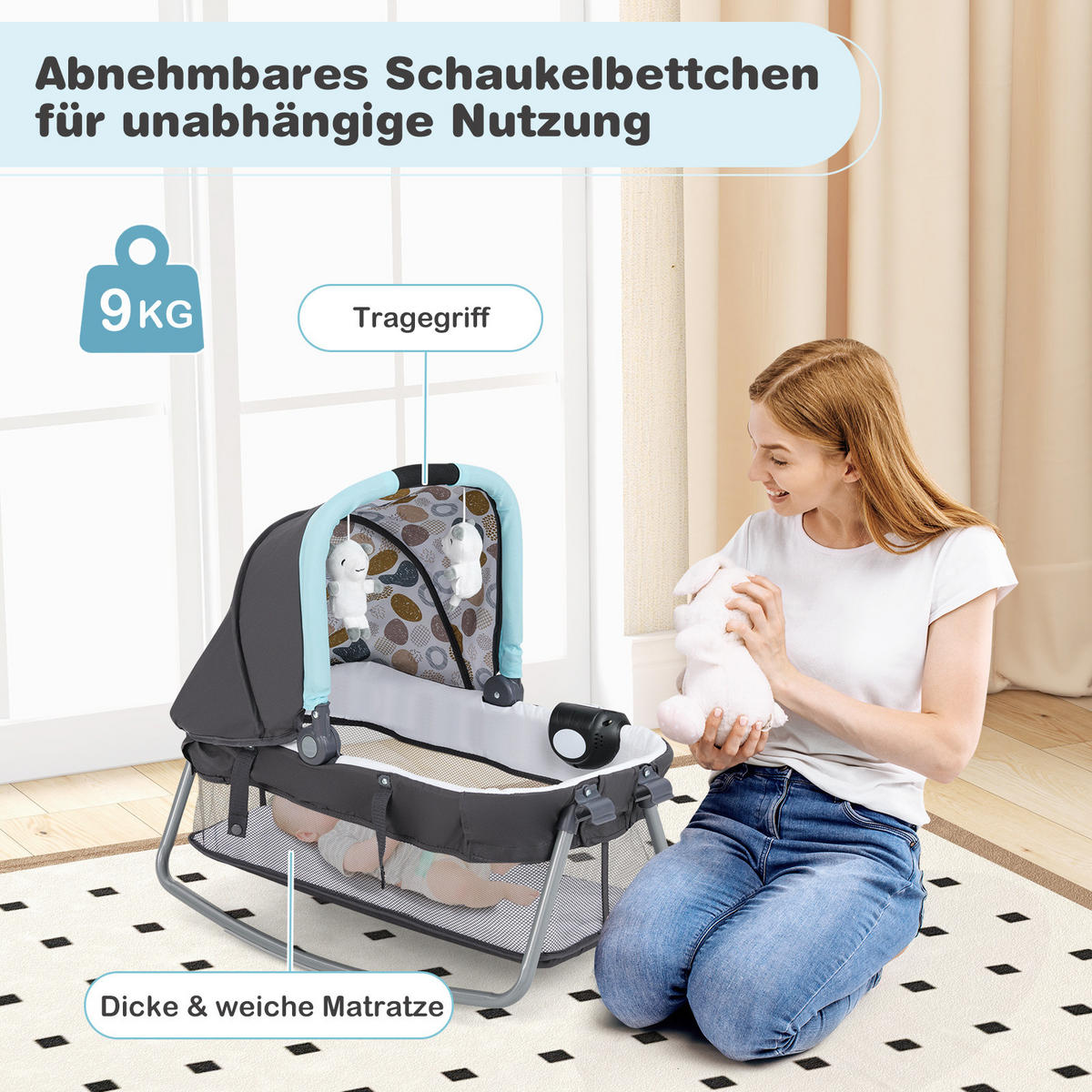 BABYBETT mit Matratze blau - Blau, Textil - COSTWAY