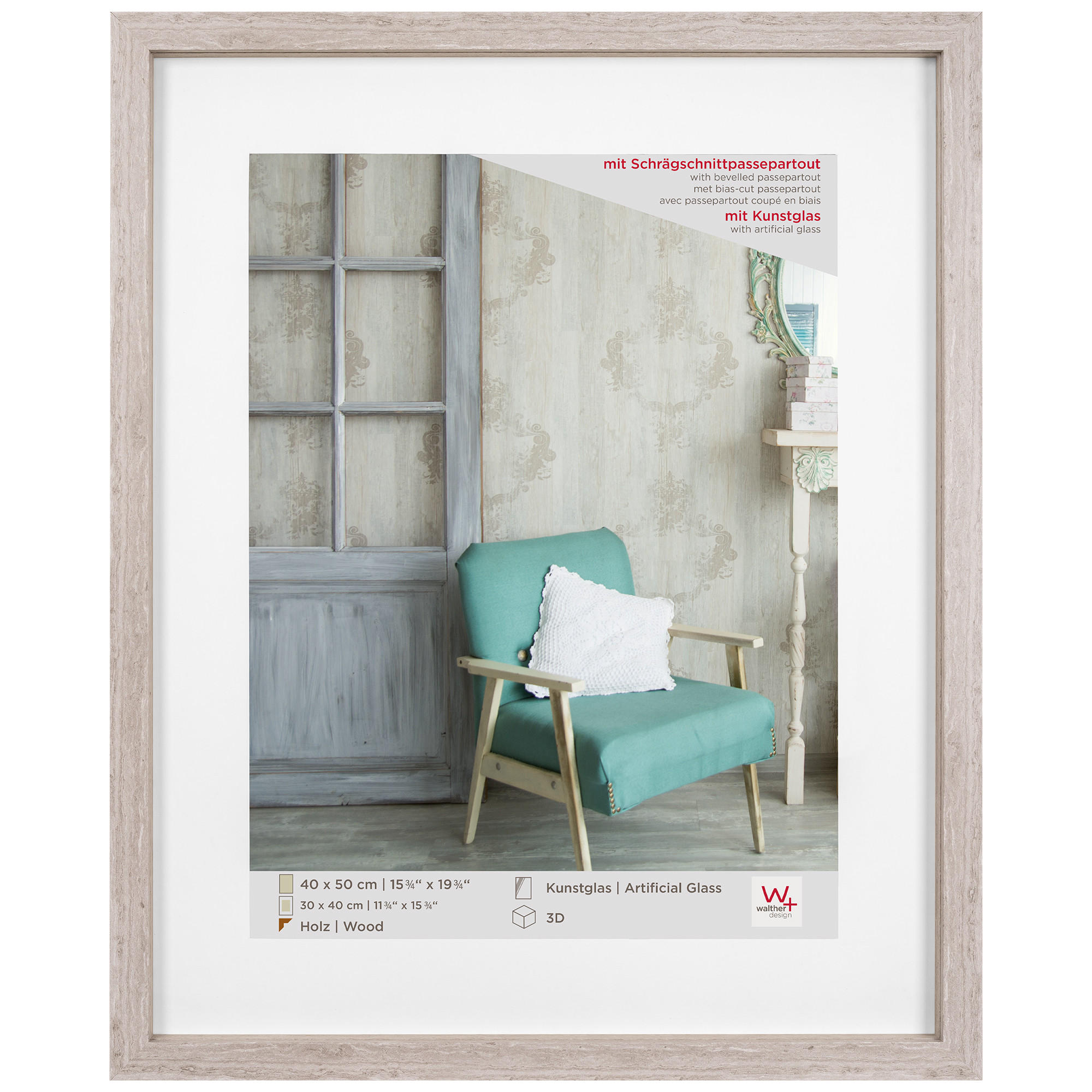 BILDERRAHMEN Stockholm 3D Holzr. 40x50 cm, GRAU mit Kunstglas - Grau, Holzwerkstoff (43/53/3.2cm) - walther design