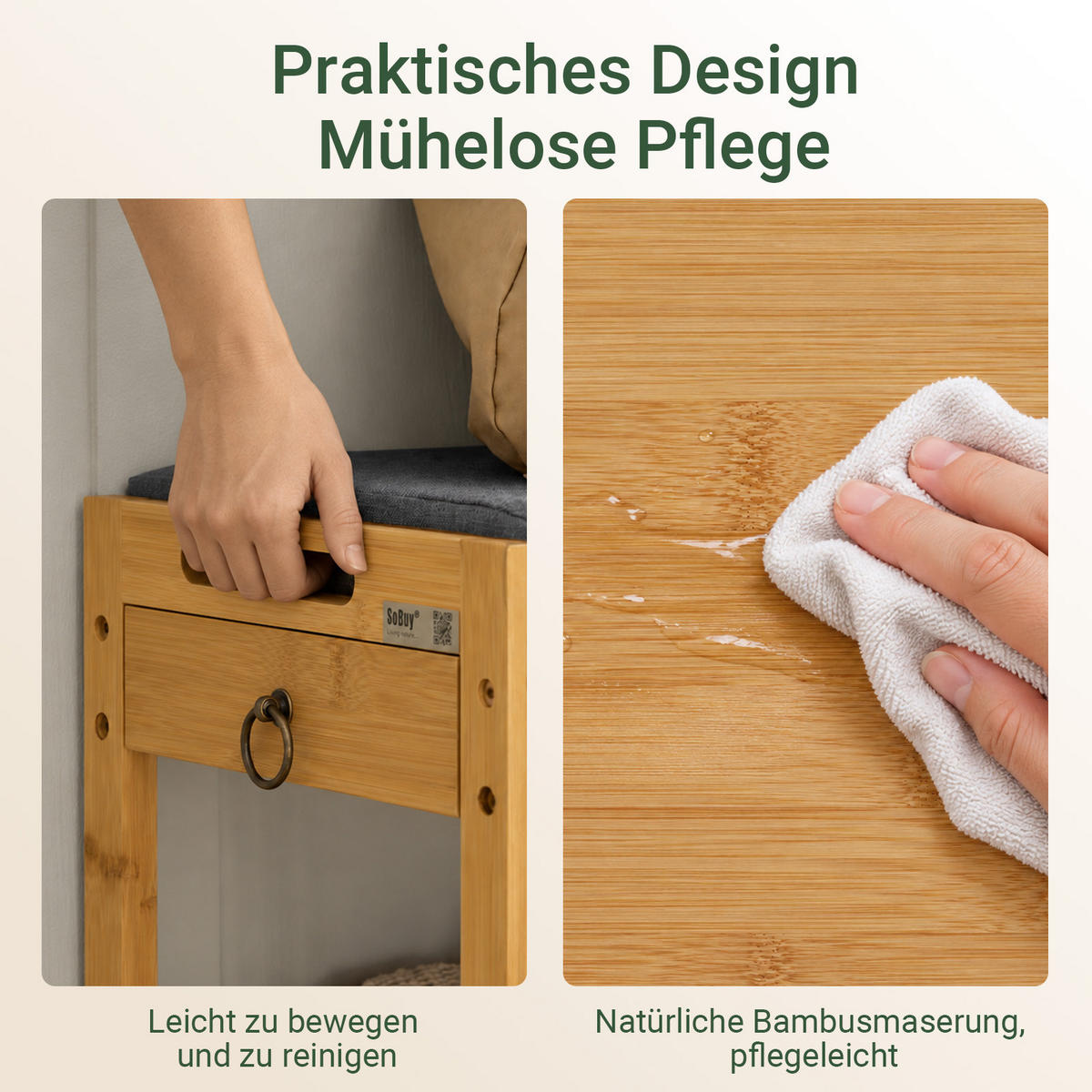 BANCĂ cu pernă și rafturi pentru încălțăminte din bambus - culoare naturală, lemn (90/45/30cm) - SoBuy