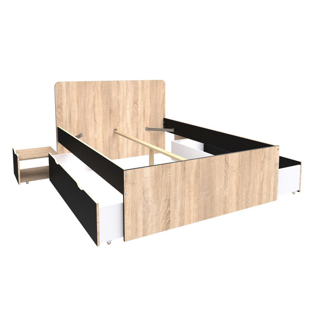 DOPPELBETT ZENIA / Bett 140x190 + 2 Konsolen + 2 Schubladen - Eiche gebleicht & schwarz - Schwarz, Holzwerkstoff (140/190cm) - Weber Industries
