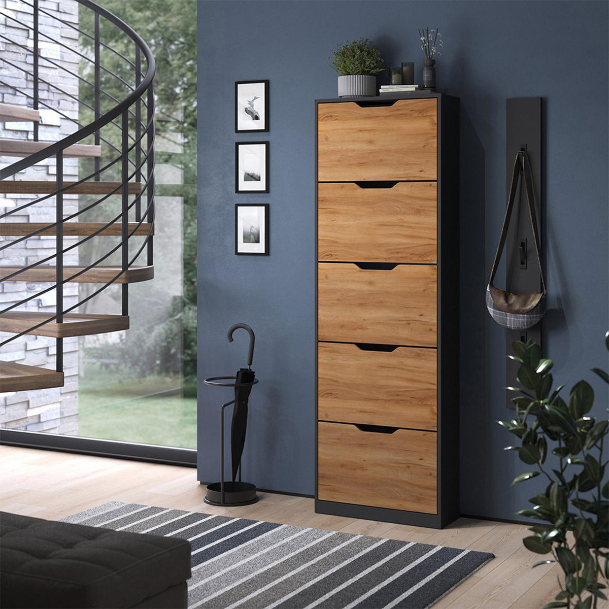 SCHUHKIPPER Luca, Anthrazit/Goldkraft Eiche, 59 x 180.5 cm mit 5 Kippfächern - Honigeiche/Anthrazit, Holzwerkstoff (59/180.5/22cm) - Vicco