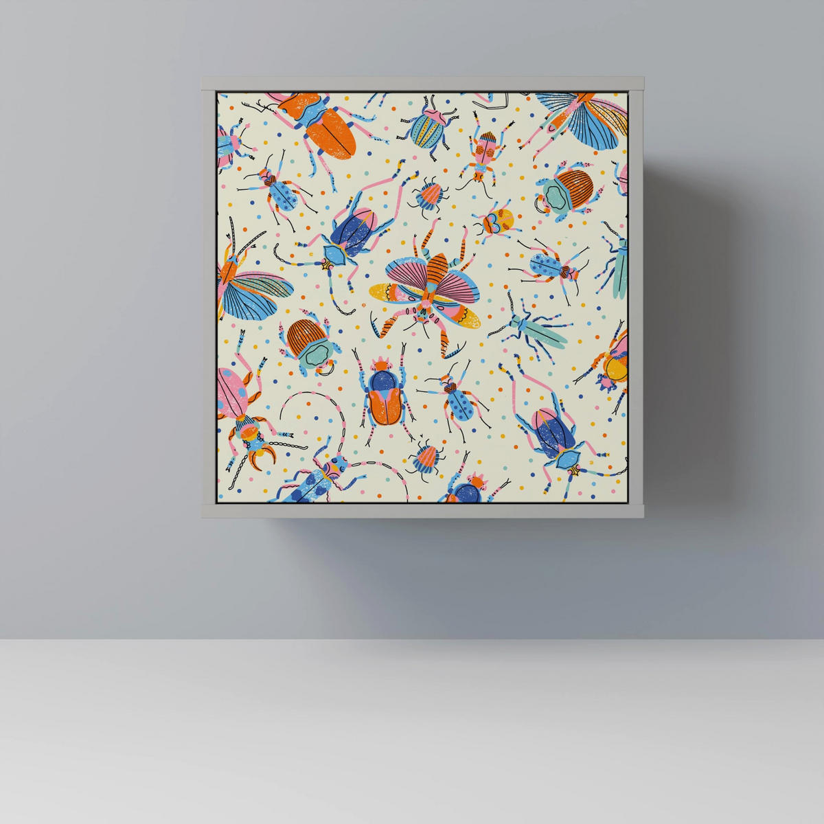 SIDEBOARD COLORFUL INSECTS, Grau, 57,5x42x67,5 cm, Schwarze Metall-Rahmenfüße - Multicolor/Schwarz, Holzwerkstoff/Metall (57.5/67.5/42cm) - SpaceRebels