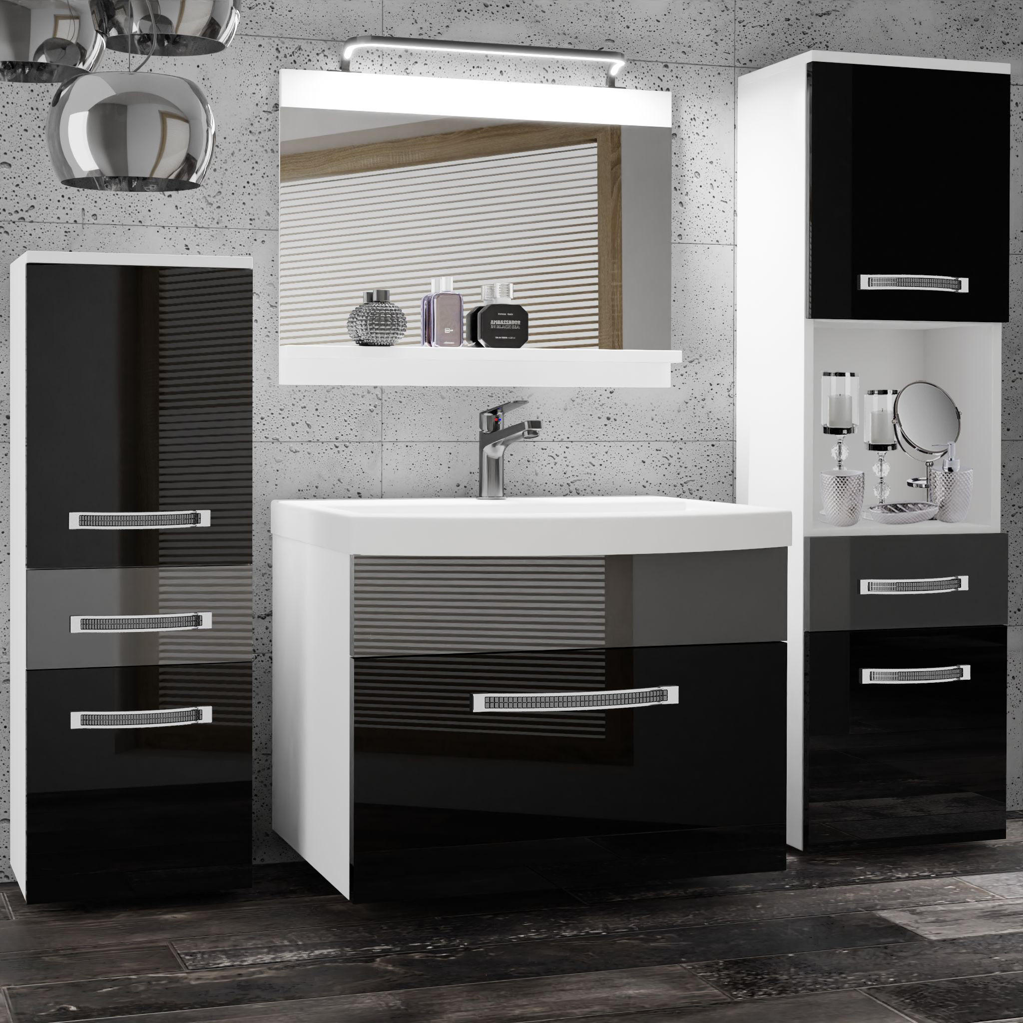 BADMÖBEL Badezimmer Schwarz Silber Glänzend Matt - Silberfarben/Schwarz, Holz (140/113/40cm) - B BELINI GROUP