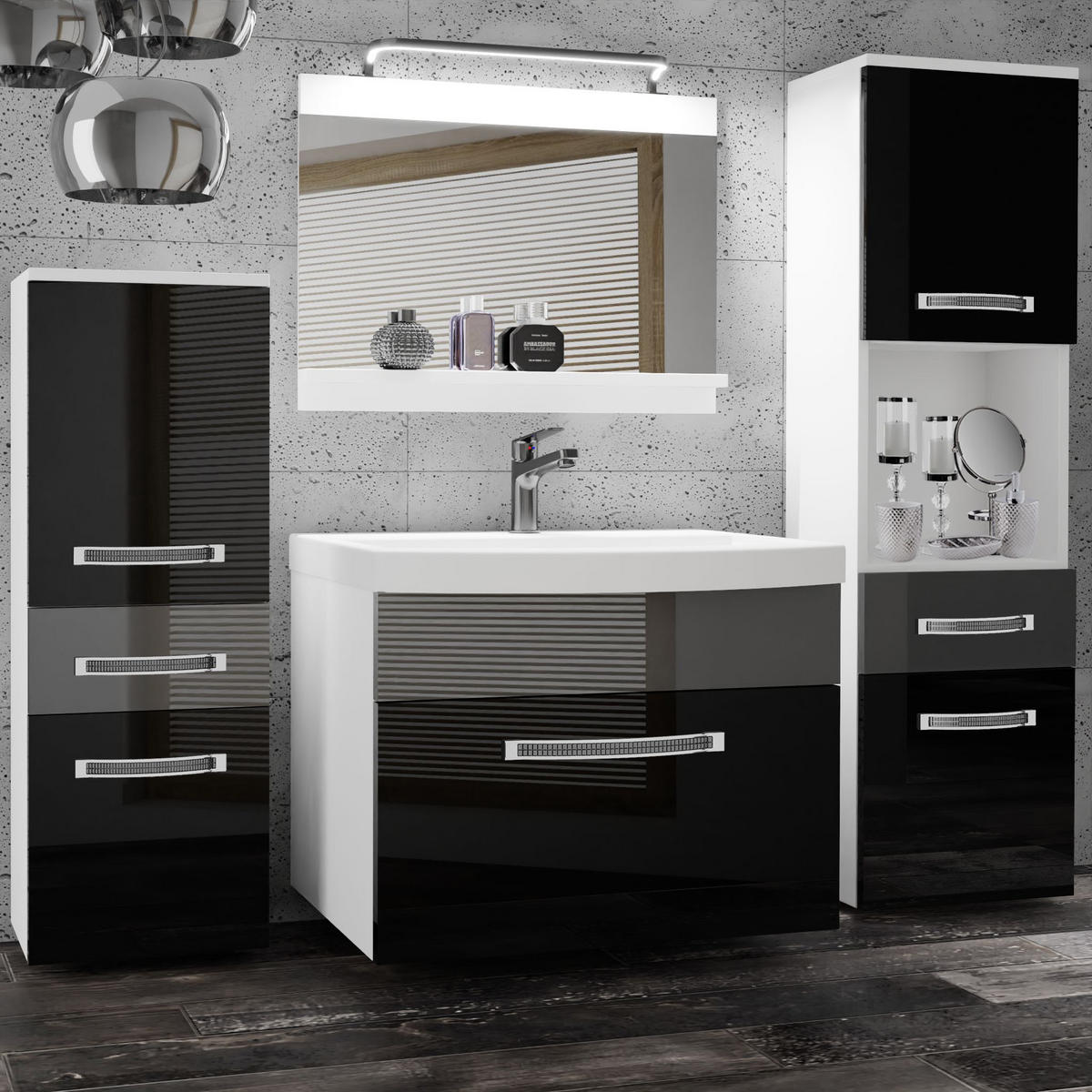 BADMÖBEL Badezimmer Schwarz Silber Glänzend Matt - Silberfarben/Schwarz, Holz (140/113/40cm) - B BELINI GROUP
