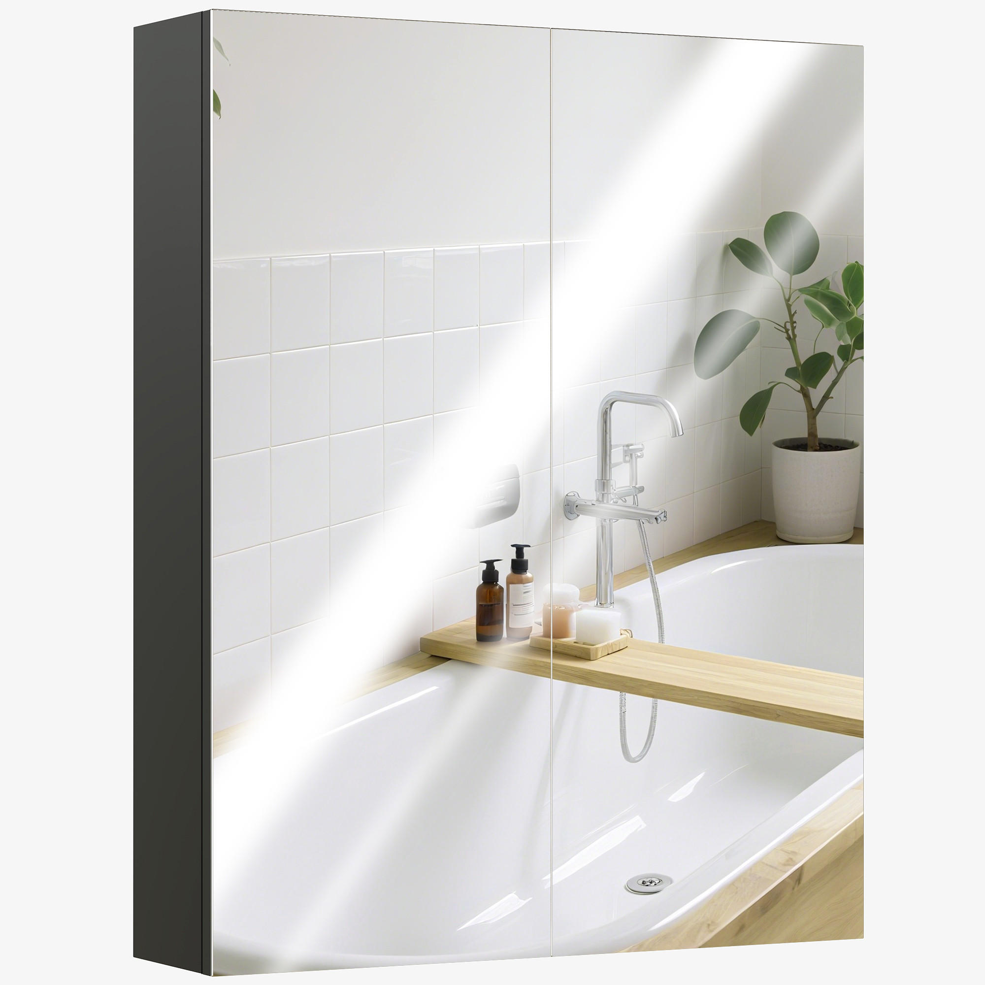 BADEZIMMER-WANDSCHRANK mit 2 Türen, Spiegel und 2 Einlegeböden, 60 x 15 x 75 cm ,Schwarz - Schwarz, Glas (60/75/15cm) - Vallsero