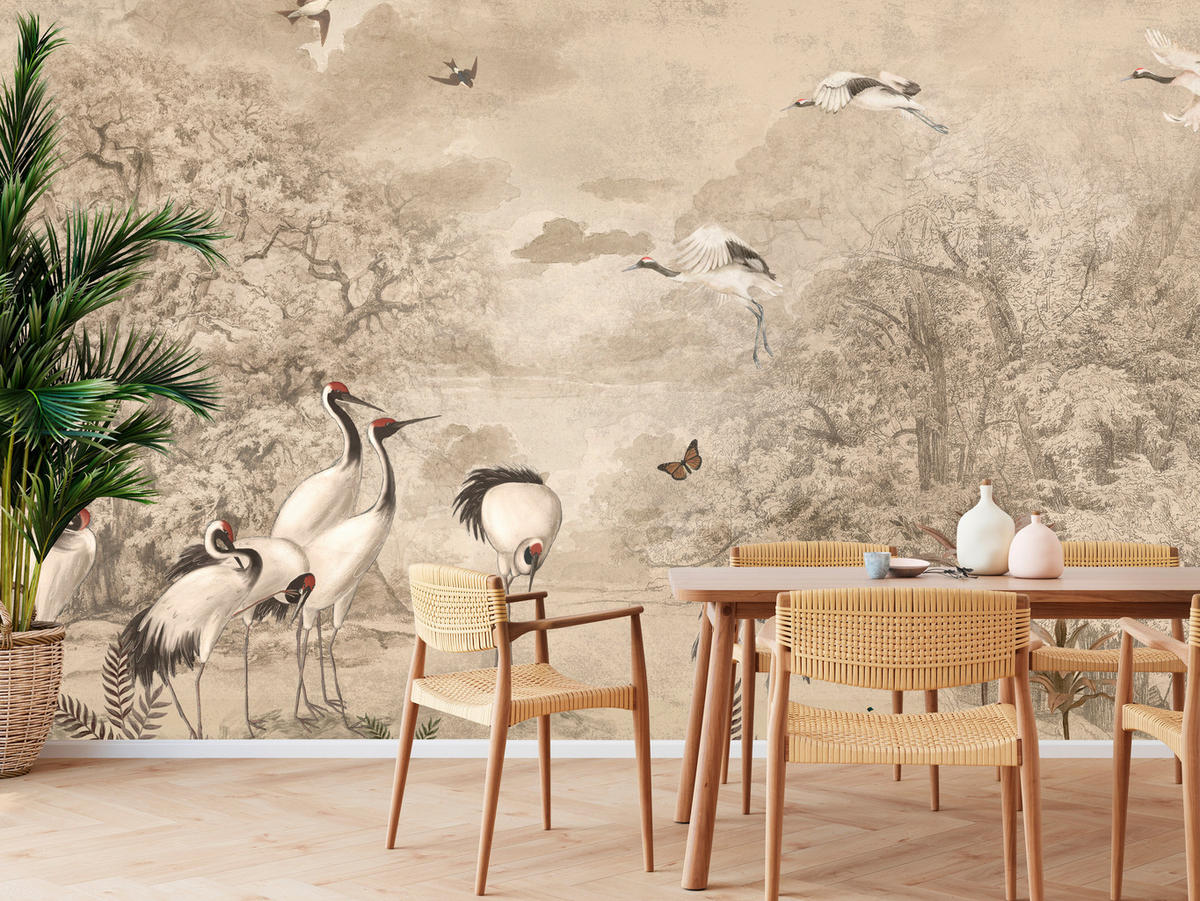 FOTOTAPETE für Schlafzimmer Retro Kraniche Wald Bäume Vögel 350x256 - Beige/Rot, Papier (350/256cm) - Muralo