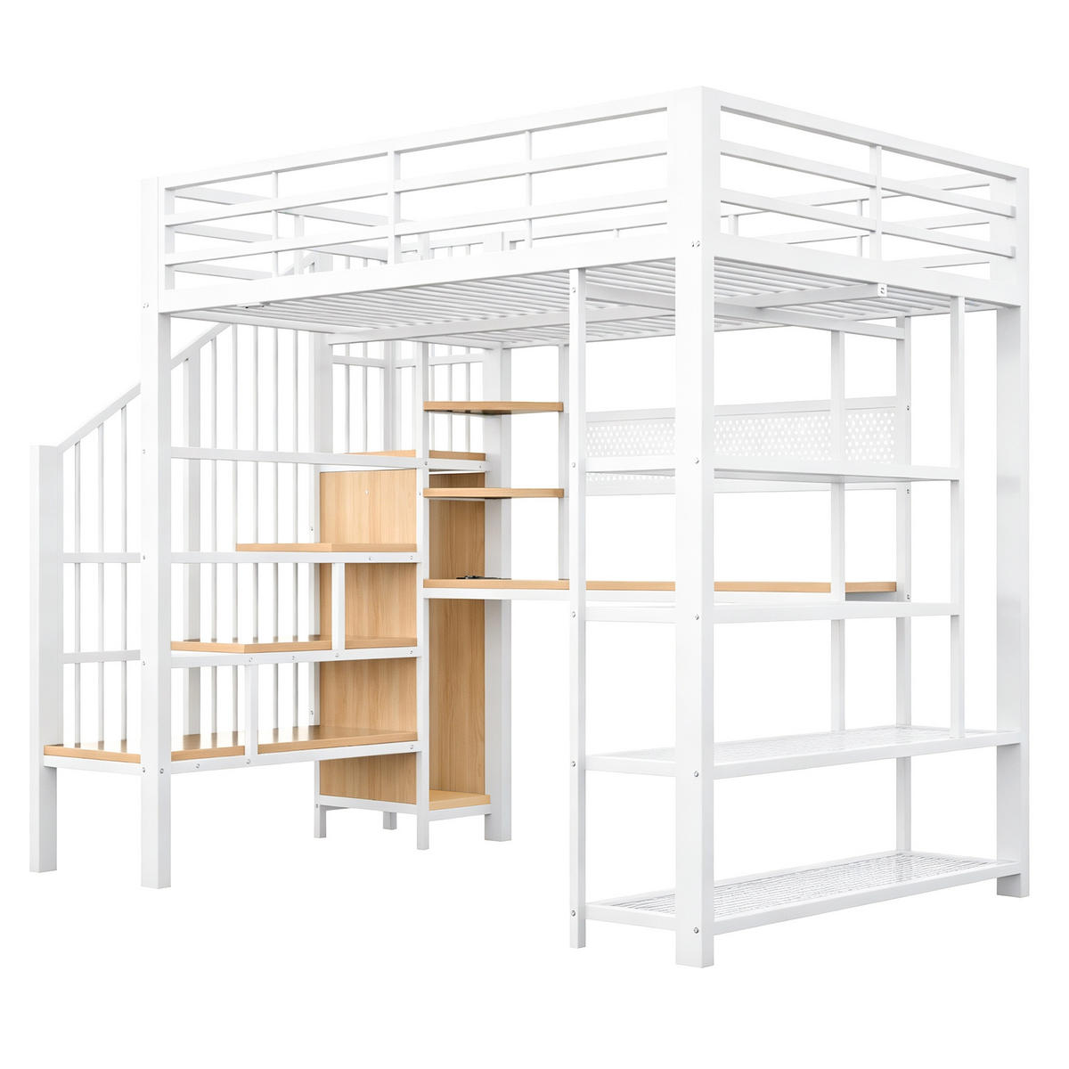 HOCHBETT 140/200 cm in Weiß mit Treppe, LED, Steckdosen und Regal - Weiß, Holzwerkstoff/Metall (140/200cm) - CHICFURN