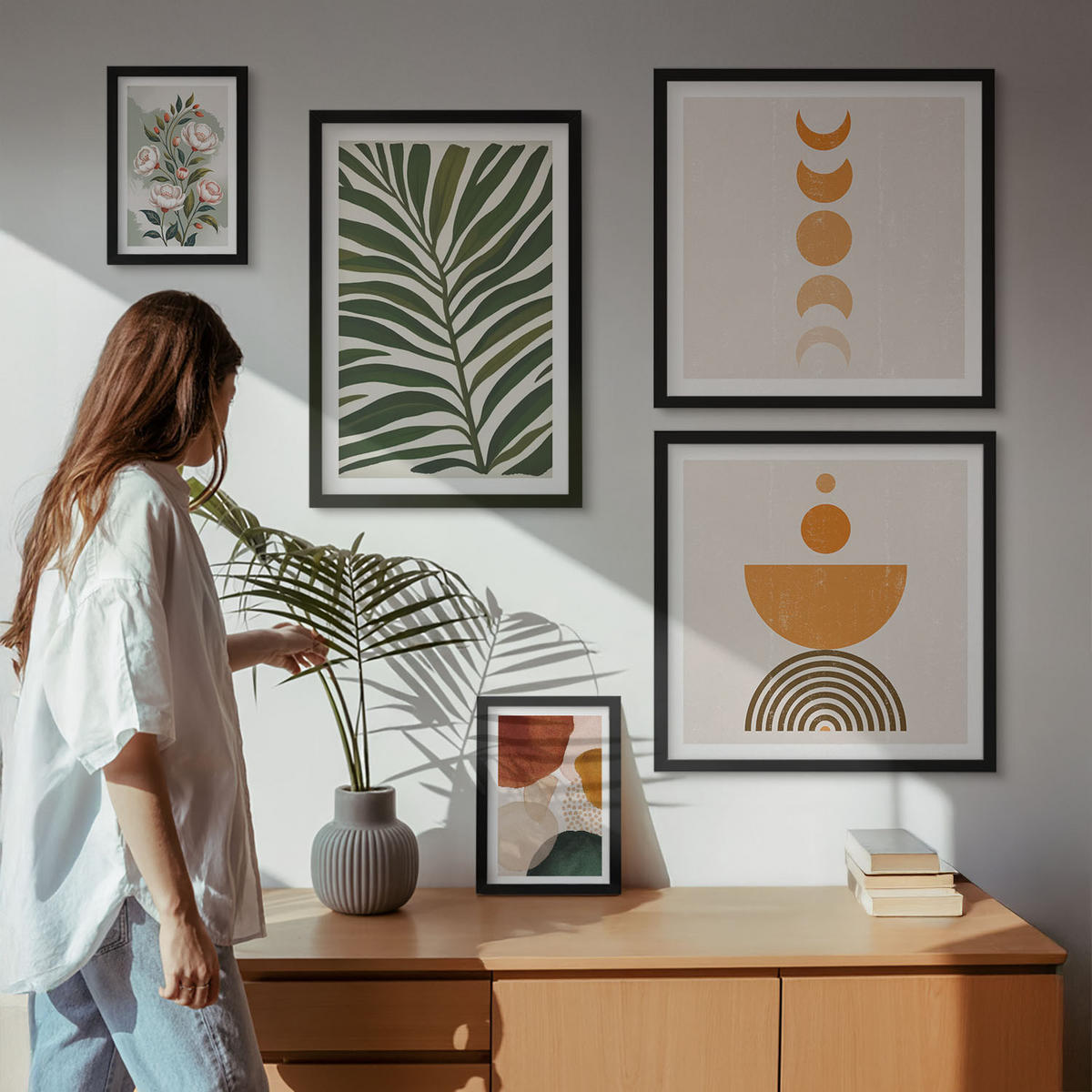 WANDBILDER 5er-Set - 50x50 cm & 20x30 cm & 40x60 cm Schwarzer Rahmen - Abstrakte Blattformen - Schwarz, Kunststoff (40/60cm) - ArtPrintCave