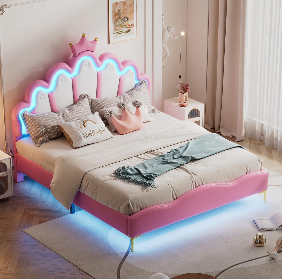 KINDERBETT 140/200 cm aus PU-Kunstleder mit LED-Beleuchtung in Rosa - Rosa, Kunststoff (140/200cm) - Flora Grace