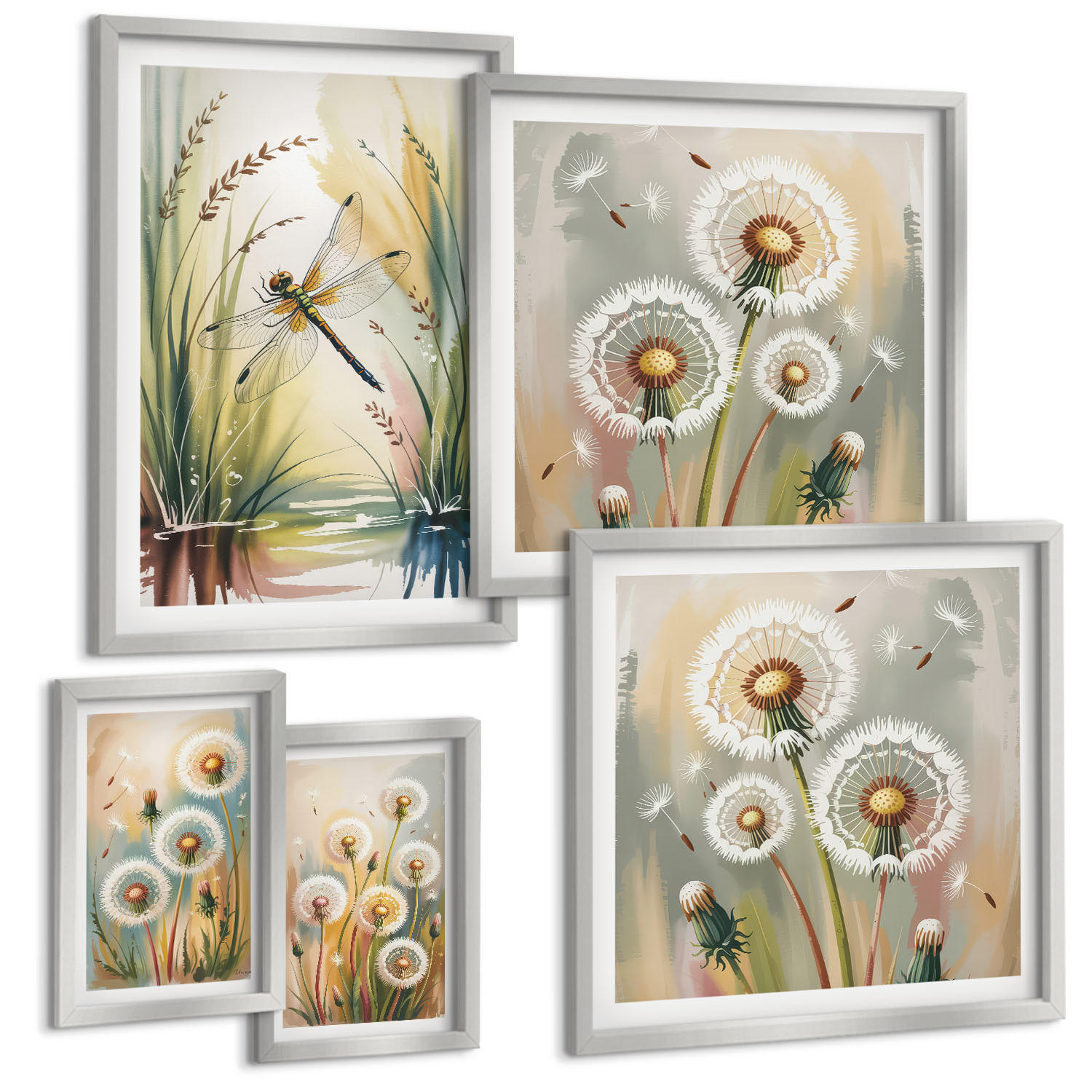 BILDER SET 5er Set - 50x50 cm & 20x30 cm & 40x60 cm Silberner Rahmen - Pastellfarbene Löwenzahnblüten - Silberfarben, Kunststoff (40/60cm) - TULUP