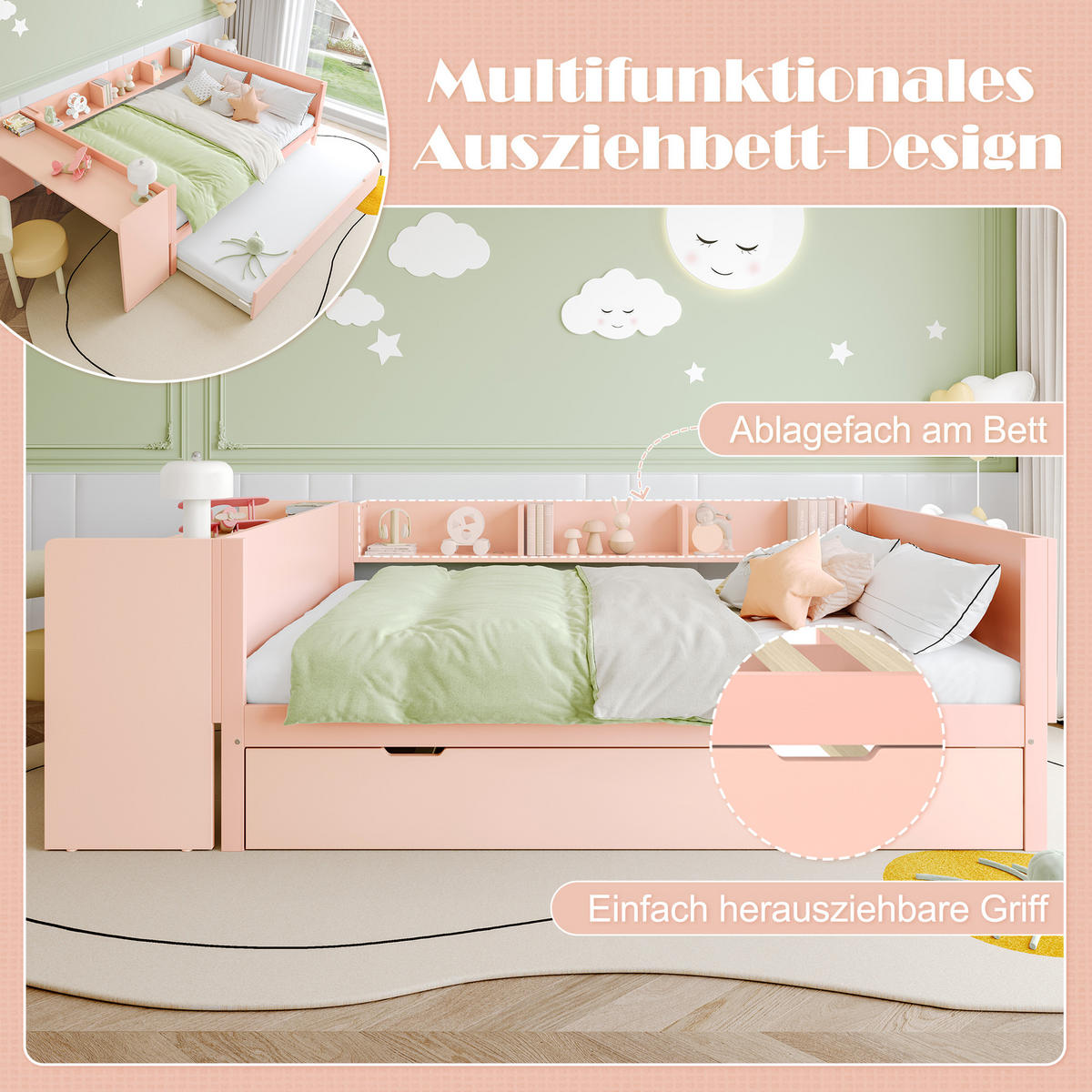 FLACHBETT 140x200cm Rosa Holz Schreibtisch Rollbett Regale - Pink, Holz (140/200cm) - FLIEKS