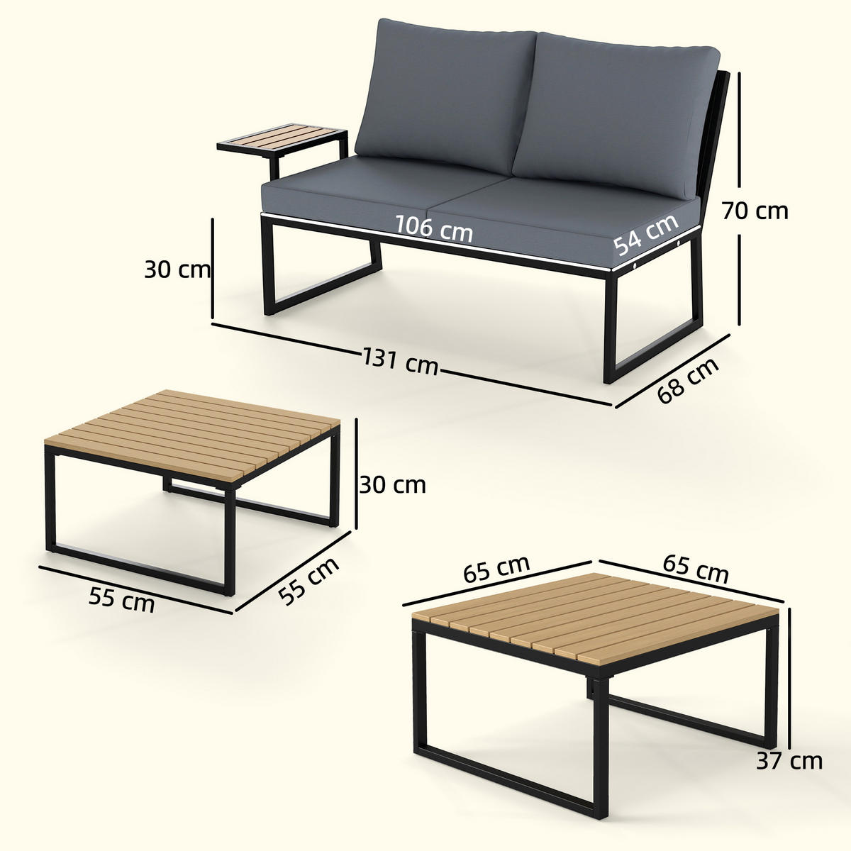 TERASSENMÖBELSET 4-teilig aus Kunststoff Holz Verbundstoff Teak - Schwarz/Grau, Textil/Metall - Outsunny