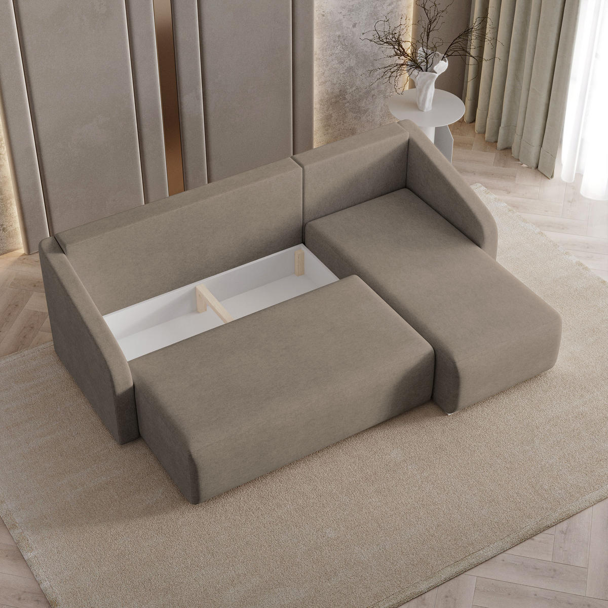 ECKSOFA MARELLO Braun Geflochtener Stoff mit Schlaffunktion - Braun, Holz (220/143cm) - MASSENO