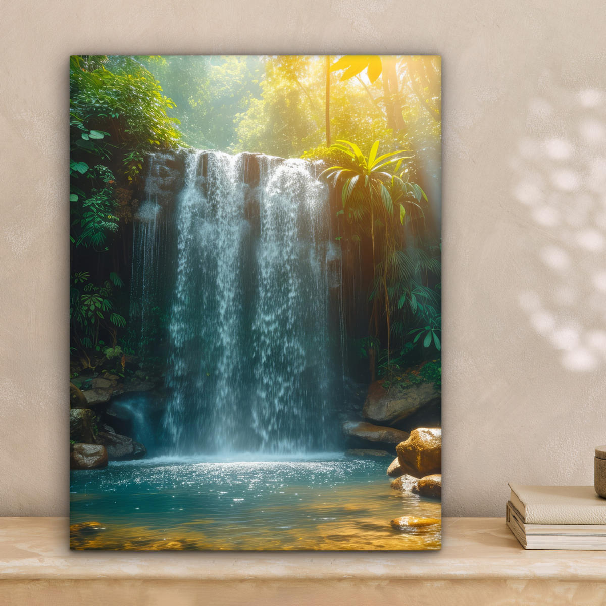 LEINWANDBILD Wasserfall - Dschungel - Sonne - Grün - Natur 30x40 cm - Grün, Textil (30/40cm) - MuchoWow