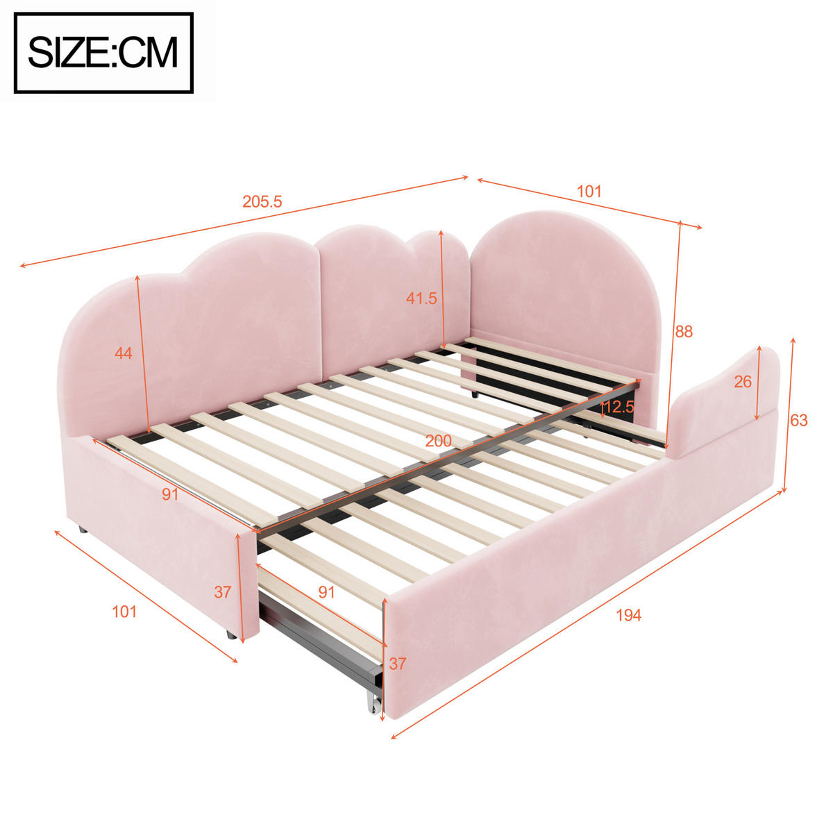 AUSZIEHBETT 90/200/190 cm L-Form, DE-41689, in Samtrosa - Pink, Metall (90/200cm) - ComfortXL
