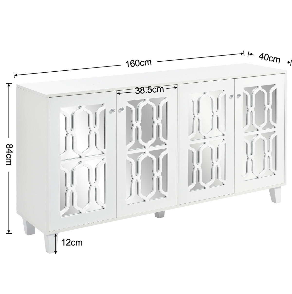 SIDEBOARD aus MDF 160x40x84 cm Weiß mit Spiegeloberfläche, 4 Türen und verstellbarem Einlegeboden - Weiß, Holzwerkstoff (160/84/40cm) - IVMEU