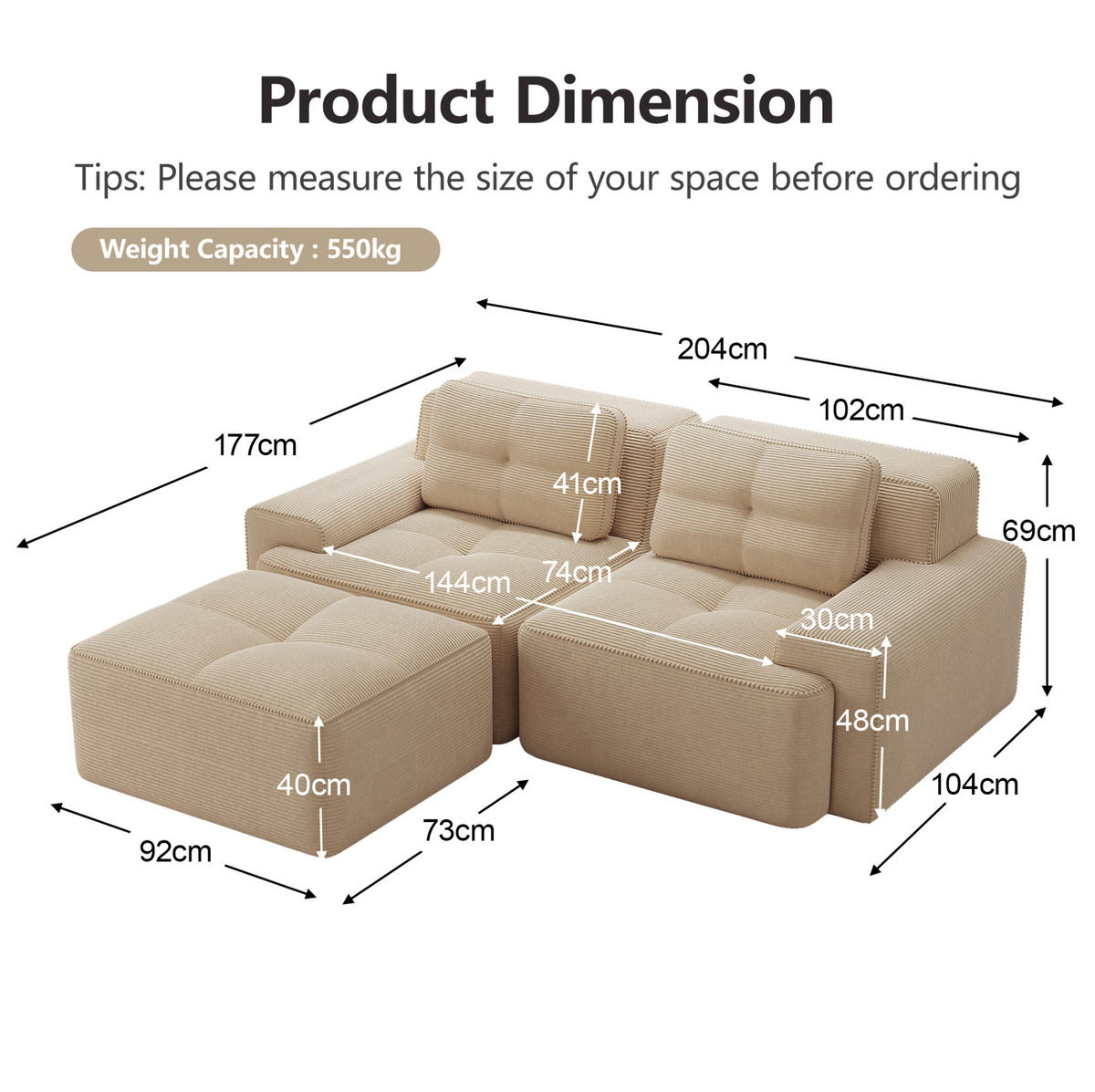 SOFA modular mit Tiefsitz 74 cm Cord Beige - Beige, Kunststoff (177/204.1cm) - Meubliv