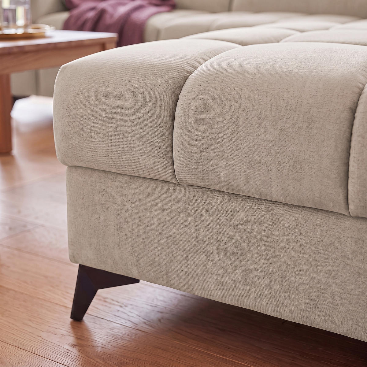 ECKSOFA PUDDING L Rechts mit Schlaffunktion 125x195 Velours Creme - Creme/Schwarz, Holz/Textil (275/203cm) - Muffo