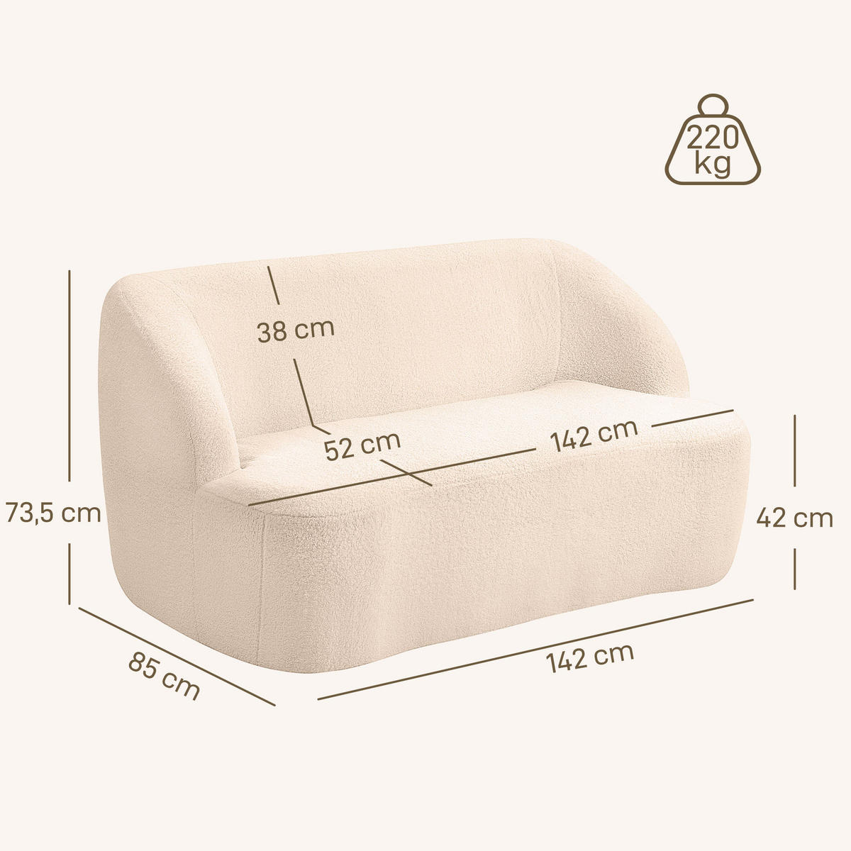 SOFA, 2-Sitzer, Bouclé-Stoff, 142cm, geschwungene Rückenlehne, beige - Multicolor, Holzwerkstoff (142/73.5/85cm) - FORIOUS