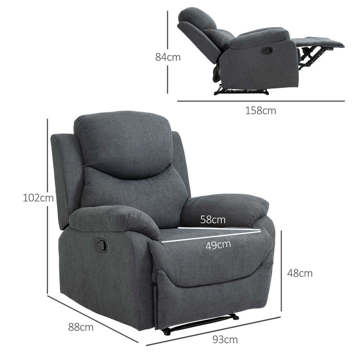 RELAXSESSEL 150° neigbar Einzelsofa Liege Fernsehsessel Leinen Dunkelgrau - Dunkelgrau/Schwarz, Textil/Metall (88/102/93cm) - HOMCOM