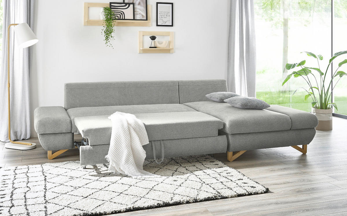 ECKSOFA hellgrau Struktur-Stoff, Sofa mit Bettfunktion und Stauraum 284 cm - Hellgrau, Holz/Textil (284/166cm) - Furn.Design