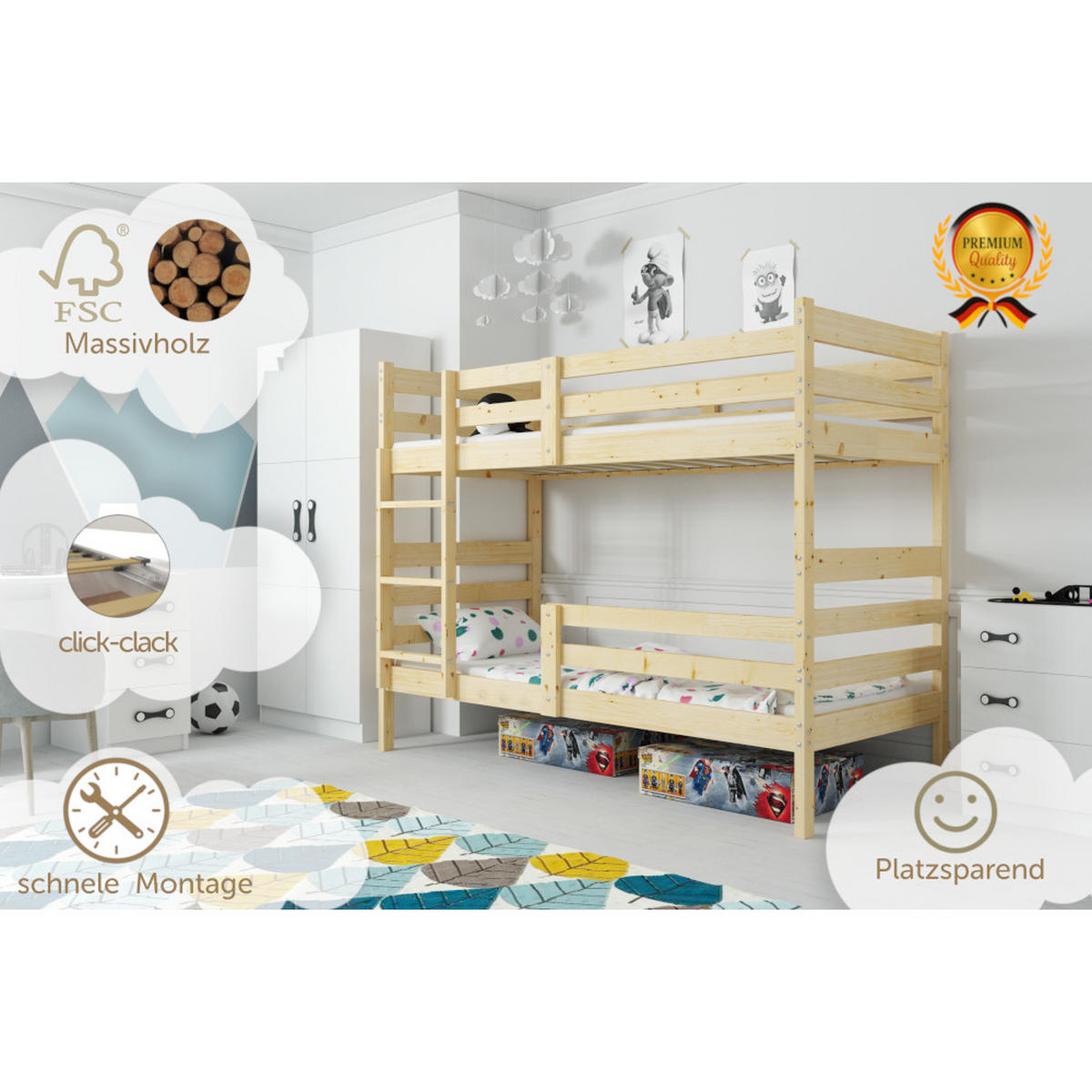 ETAGENBETT Erik aus Kiefernholz mit Rausfallschutz - Naturfarben, Holz (90/200cm) - Interbeds
