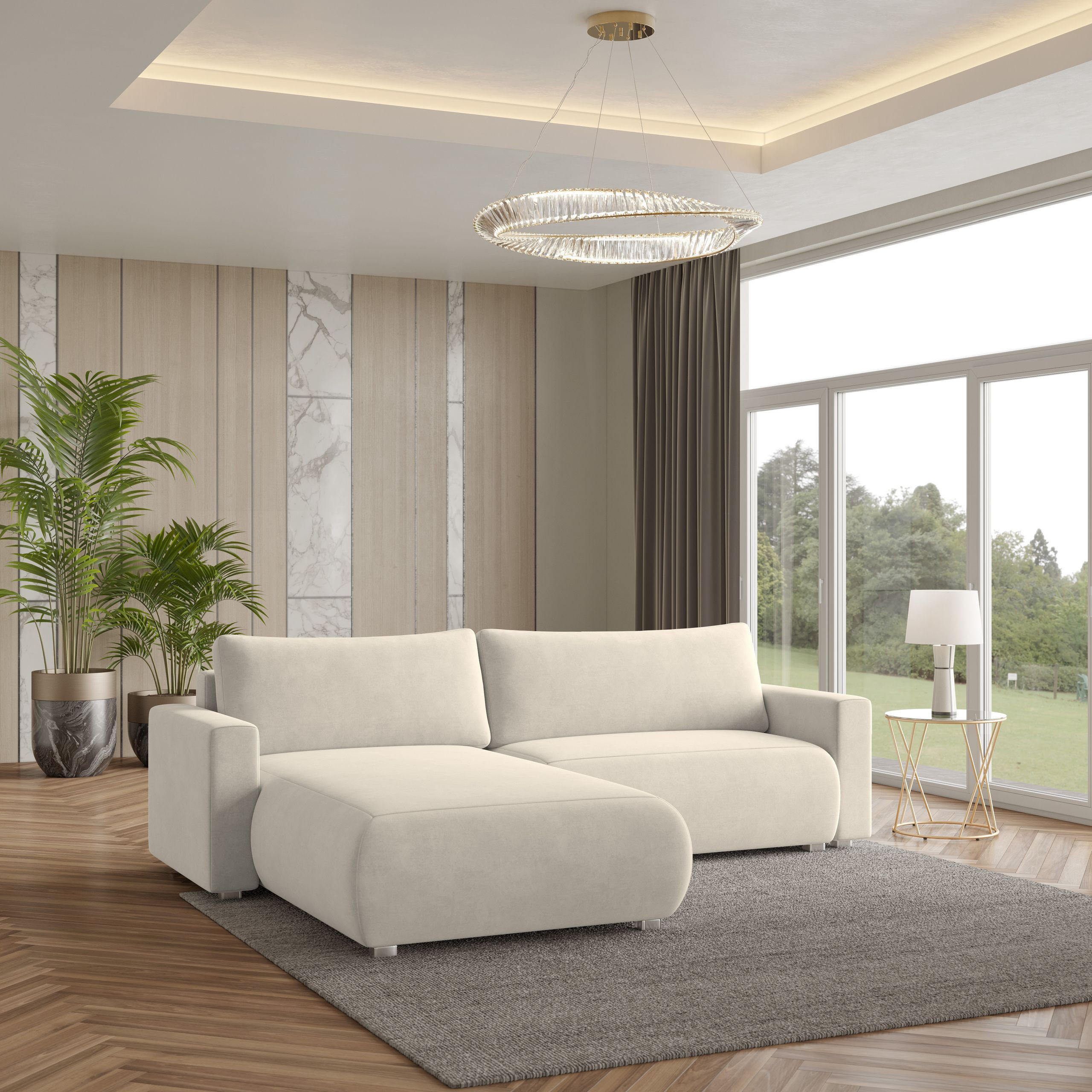 ECKSOFA TURIN M Creme Velours-Stoff mit Schlaffunktion - Creme, Holz (265/183cm) - MASSENO