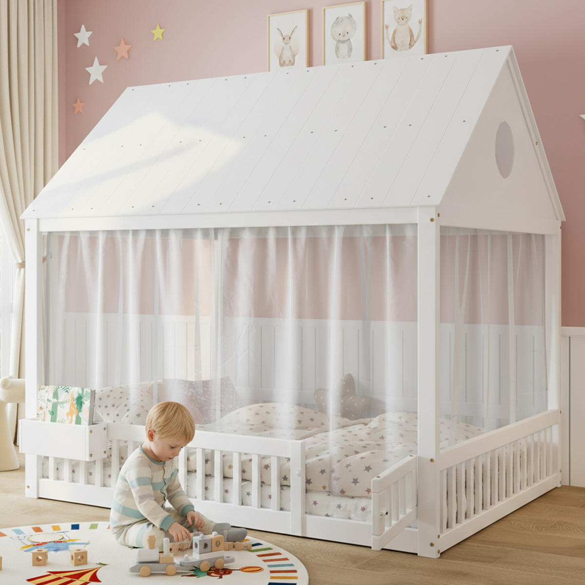 KINDERBETT 140/200 cm mit Dachdetails, Vorhängen und Stauraumfach, Kiefer/MDF/Sperrholz, Weiß - Weiß, Holz (140/200cm) - Redom