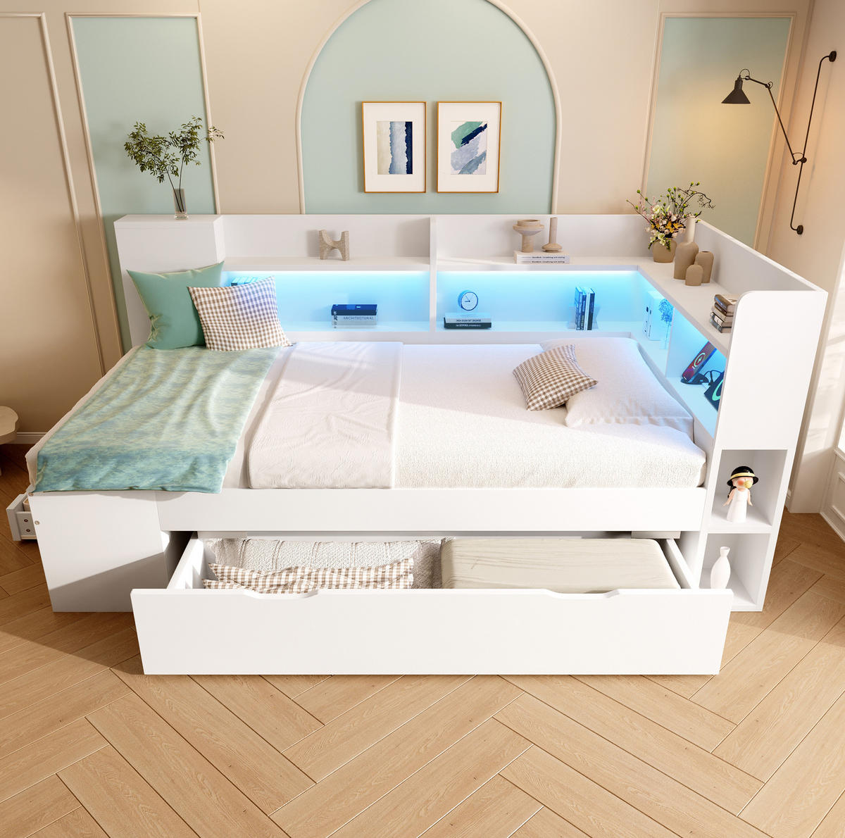 POLSTERBETT 90/200 cm aus Holzwerkstoff mit LED-Beleuchtung, USB- und Typ-C-Anschluss, Stauraum und Lattenrost, Weiß - Weiß, Textil (90/200cm) - Redom