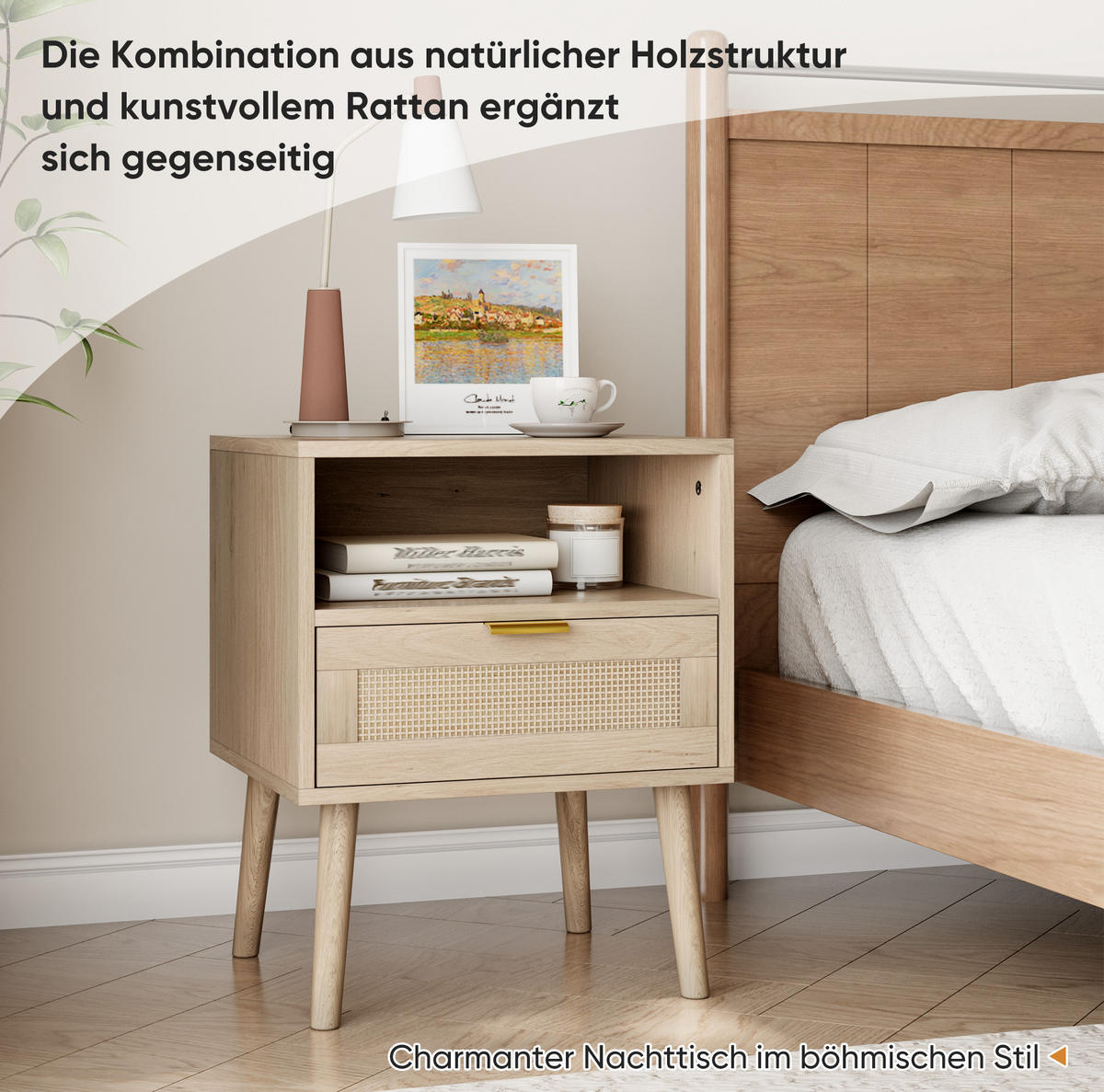 NACHTTISCH 45/40/55 cm mit Schublade & offenem Fach in Eichenoptik - Braun, Holzwerkstoff (40/55/45cm) - BEAOK