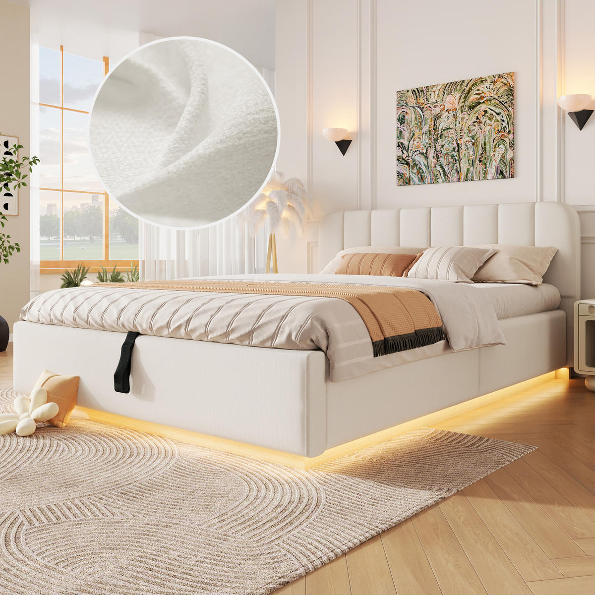 POLSTERBETT 140x200cm Lattenrost Hydraulik LED Chenille Beige - Beige, Holzwerkstoff (140/200cm) - FLIEKS