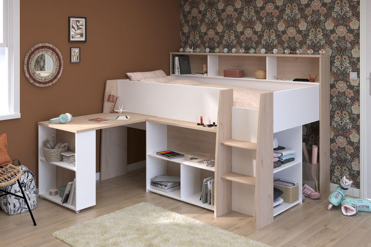 HOCHBETT Parisot Lucas 90x200 Holznachbildung Weiß/Japanische Eiche - Eichefarben/Weiß, Kunststoff (90/200cm) - 58aufmkessel