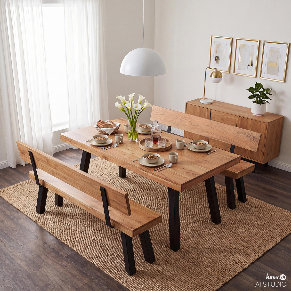 SITZBANK - Akazie massiv / Eisen - Akaziefarben, Holz/Metall (160/80/38cm) - home24