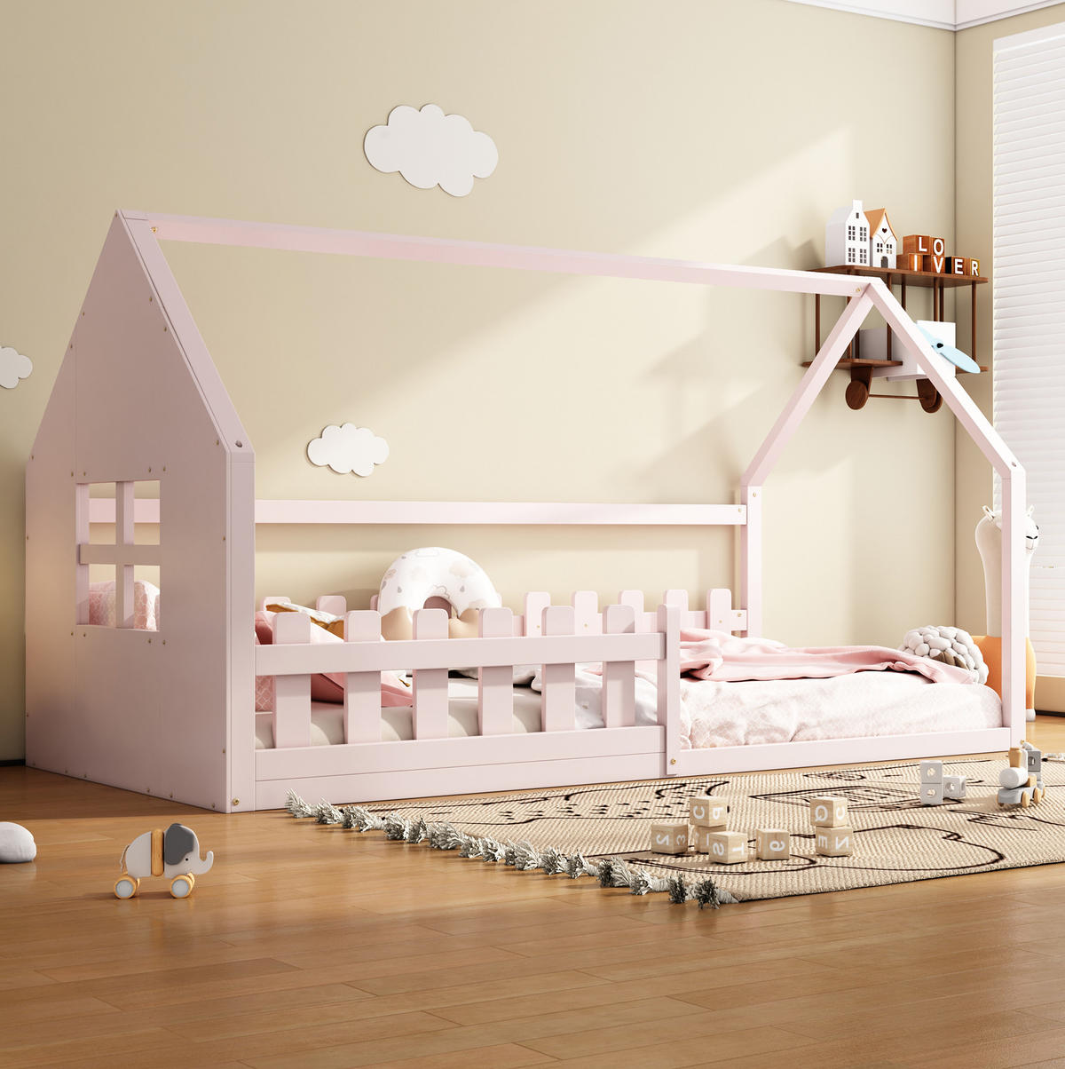 HAUSBETT aus Kiefer und MDF 90x200 cm Rosa in Hausform, bodennahes Design - Rosa, Holzwerkstoff (90/200cm) - Modfu
