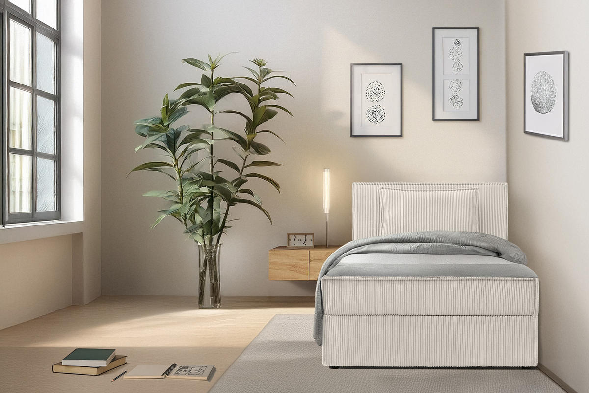 BOXSPRINGBETT ROTI Einzelbett, cremefarben - Creme/Schwarz, Holz/Holzwerkstoff (100/200cm) - KONSIMO®