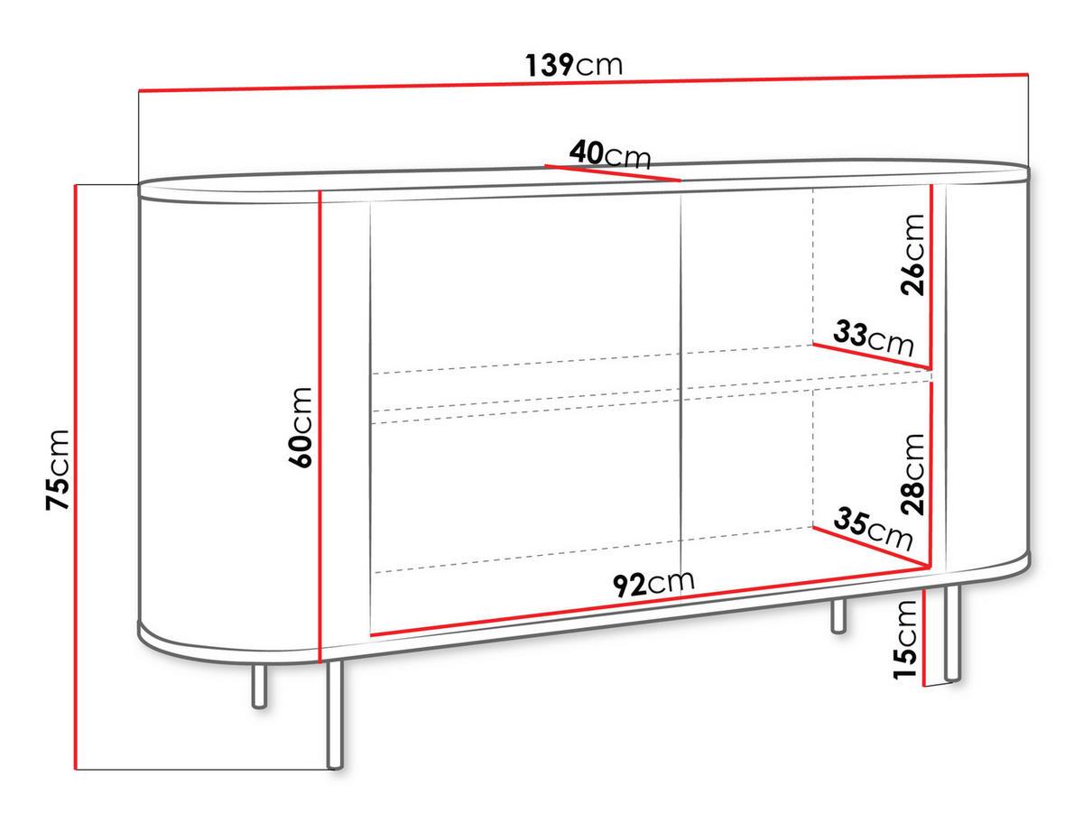 KOMMODE Lygrint 140 2D - Eichefarben/Goldfarben, Holzwerkstoff/Metall (139/75/40cm) - MIRJAN24