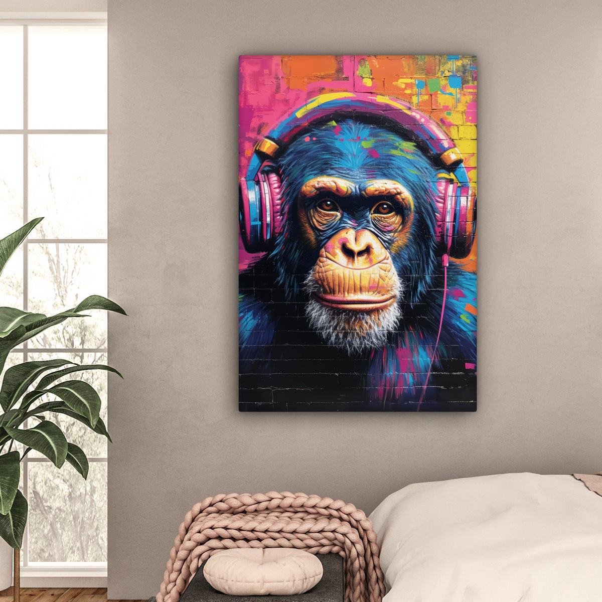 LEINWANDBILD Graffiti - Schimpanse - Straßenkunst - Kopfhörer - Affe 90x140 cm - Blau, Textil (90/140cm) - MuchoWow