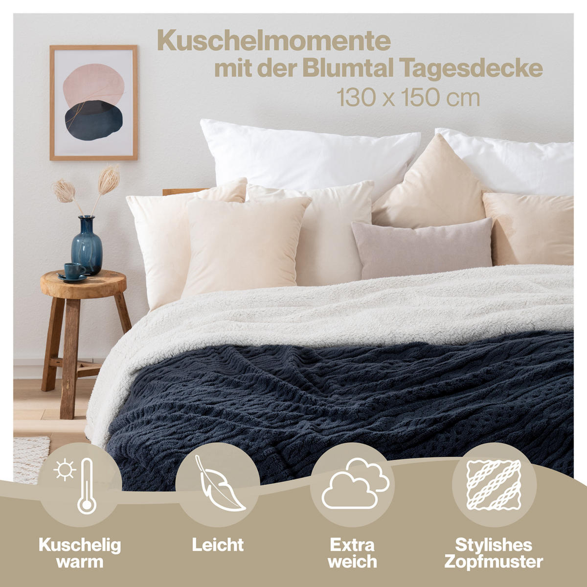 KUSCHELDECKE 130/150 cm, Dunkelblau & Beige - Dunkelblau/Sonoma Eiche, Textil (130/150cm) - Blumtal