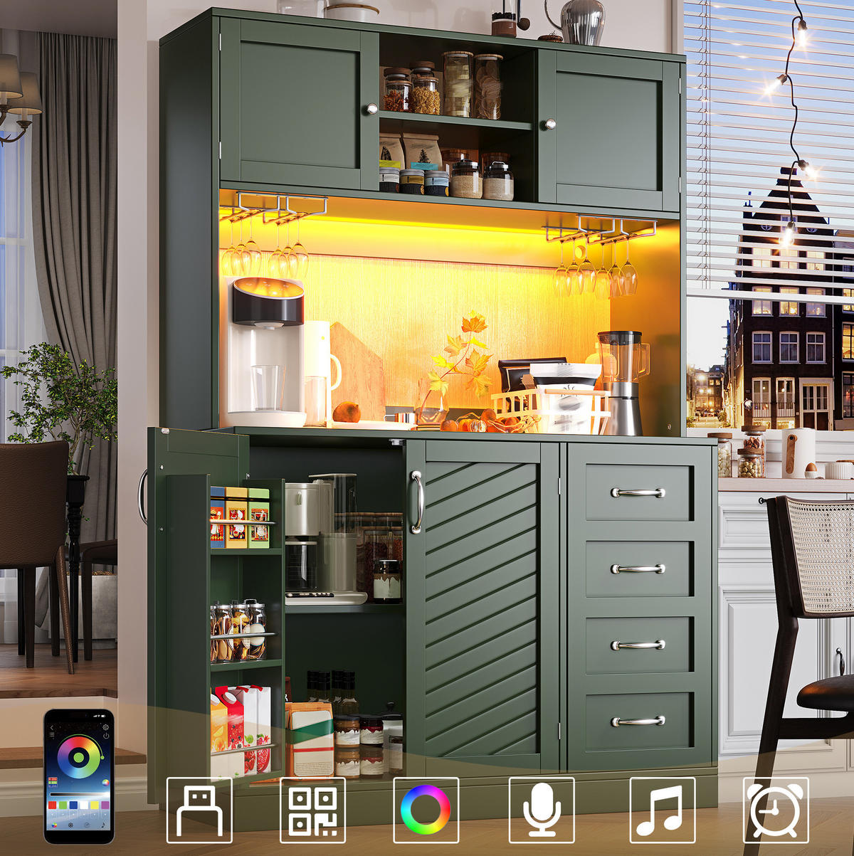 BUFFET 120/188/40 cm Grün aus MDF mit LED-Beleuchtung - Grün, Holzwerkstoff (40/188/120cm) - OKMYHOME