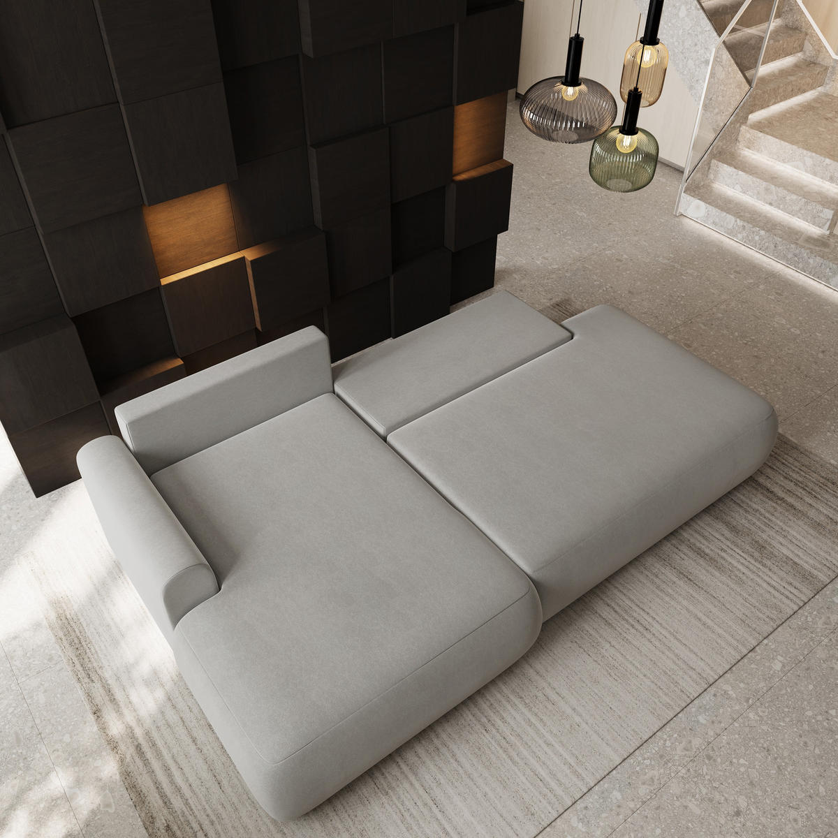 ECKSOFA NUVIRA CL L-S Hellgrau Samtstoff mit Schlaffunktion - Hellgrau, Holzwerkstoff/Textil (279/158cm) - MASSENO