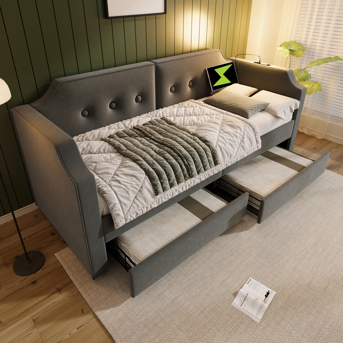 POLSTERBETT 90/200 cm Grau mit USB-Type-C und Leselicht, Tagesbett mit 2 Stauraumschubladen - Grau, Textil (90/200cm) - OKWISH