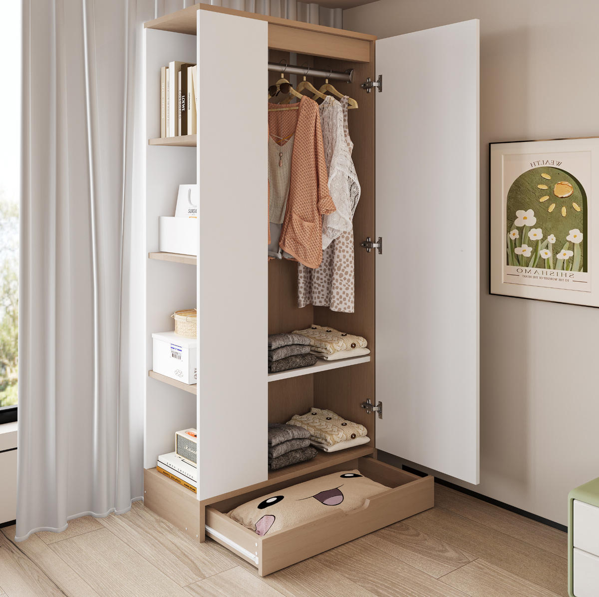 KLEIDERSCHRANK 70/40/170 cm aus Holz mit Einlegeböden und Schubladen, Naturholzfarbe + Weiß - Naturfarben, Holz (40/170/70cm) - OKMYHOME