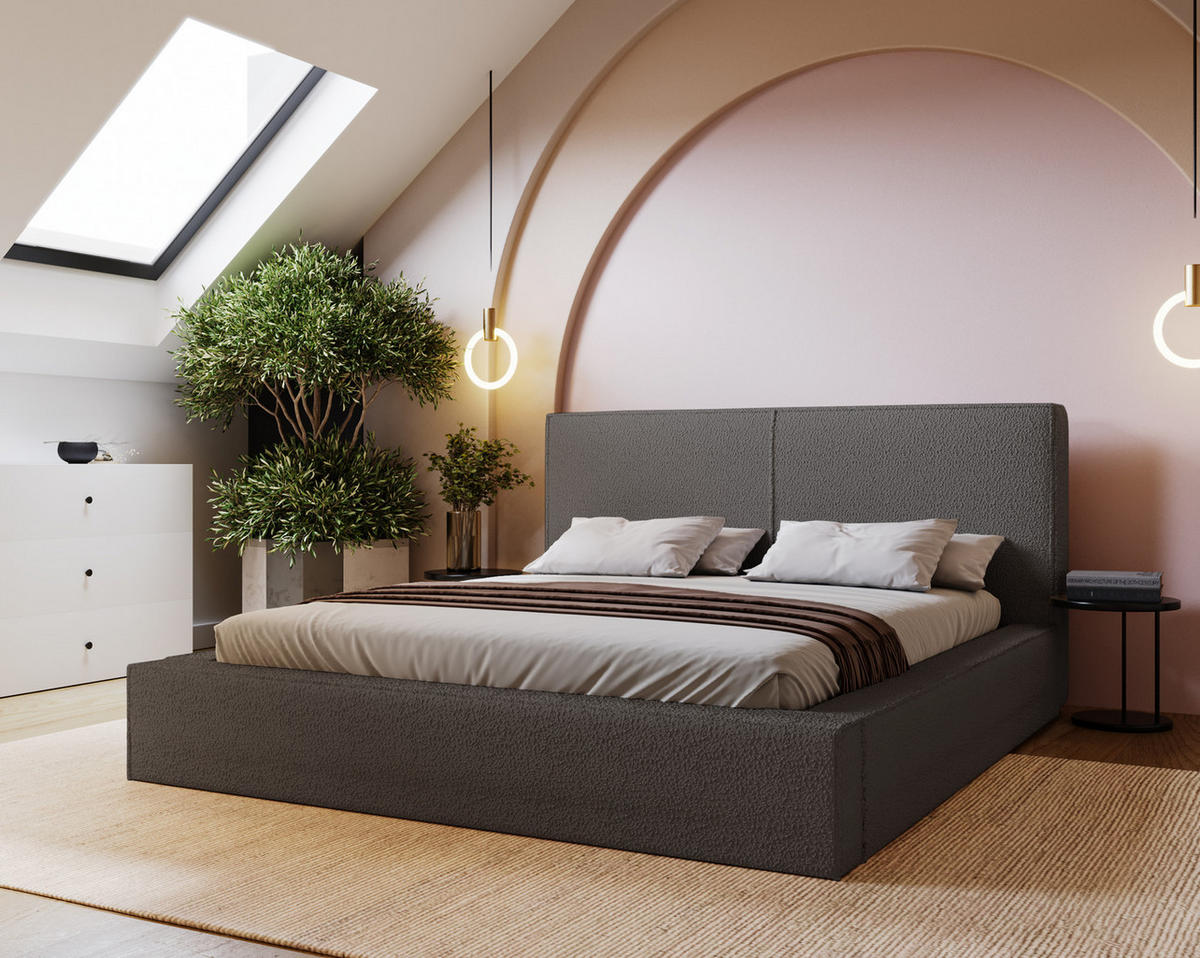 POLSTERBETT 180x200 Morin mit Bettkasten, Boucle, Dunkelgrau - Dunkelgrau, Holz/Textil (180/200cm) - Emporius