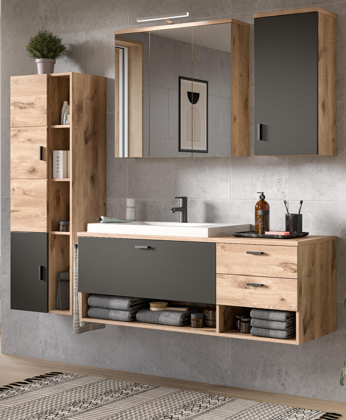 BADMÖBEL-SET Eiche, grau matt 5-teilig 200 cm, Kombination mit Waschbecken - Eichefarben/Grau, Holzwerkstoff (203/192/48cm) - Inn.Furn